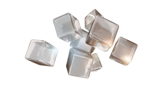 Floating translucent cubes create an ethereal visual effect in a bright, minimalistic space with a checkered pattern on the ground