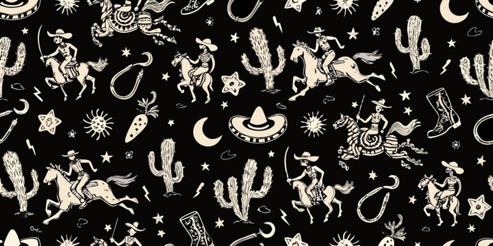 Whimsical western pattern featuring cowboys on horses cacti sombreros and stars on black background