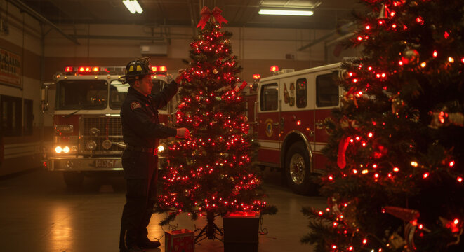 Firefighter Decorating Christmas Tree in Fire Station Garage