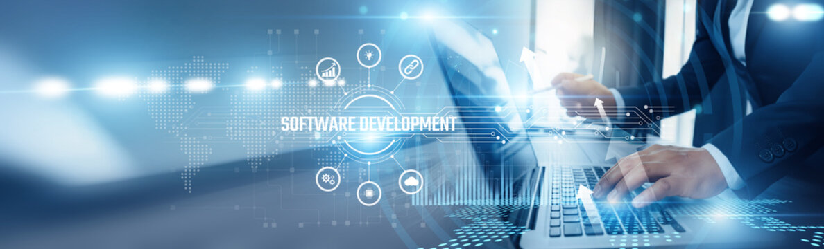 Businessman using laptop and software development analyzing technological data, agile coding, full-stack solutions, cloud deployment, API integration, and mobile & enterprise applications.