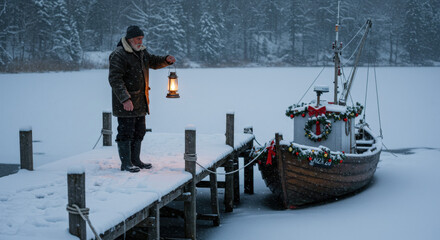 Elderly Sailor Standing on Snow-Covered Pier with Lantern