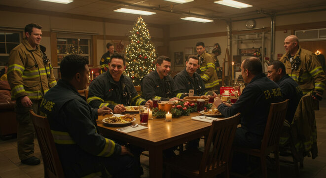 Firefighters Sharing Christmas Dinner at the Station