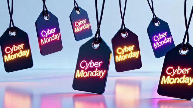 Cyber Monday sale promotion with vibrant neon tags floating dynamically, perfect for social media marketing and e-commerce campaigns this holiday season