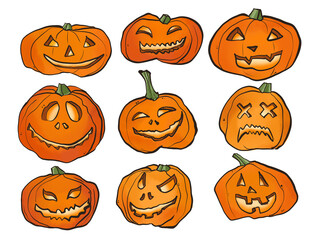  illustration of carved Halloween pumpkins. various facial expressions, including happy, sad,spooky designs. Bright orange color