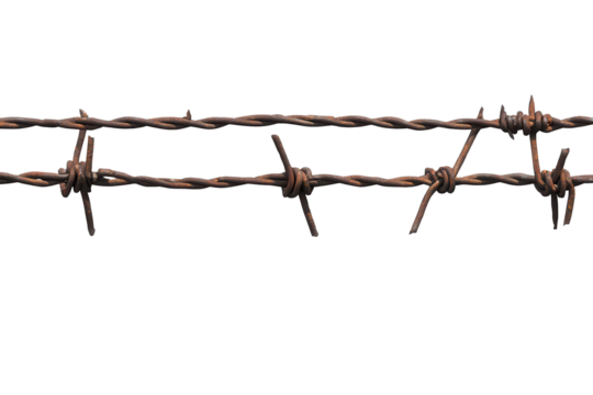 Barbed wire stretches across a transparent background showcasing its sharp and twisted structure, often found in fences or boundaries in rural settings