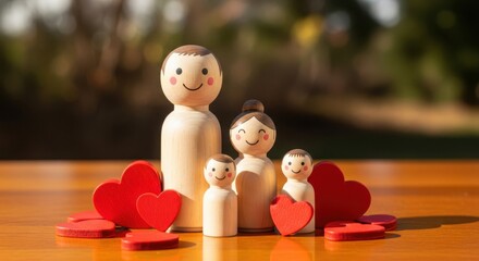 Wooden family figurines with red hearts on a wooden surface