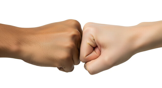 Two fists, one darker skinned and one lighter skinned, are about to connect in a fist bump against a white background. - Powered by Adobe