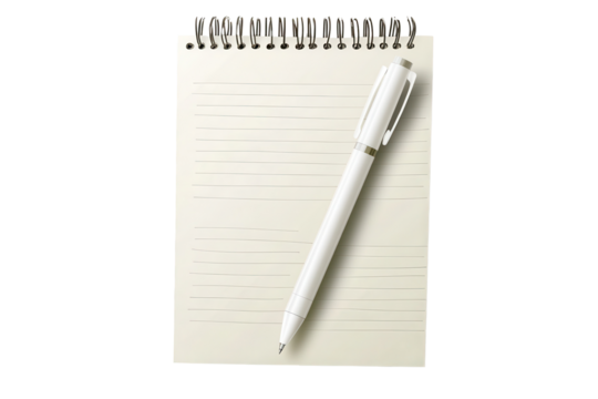 Notepad with blank pages and a white pen placed on a neutral background, ideal for writing notes or brainstorming ideas