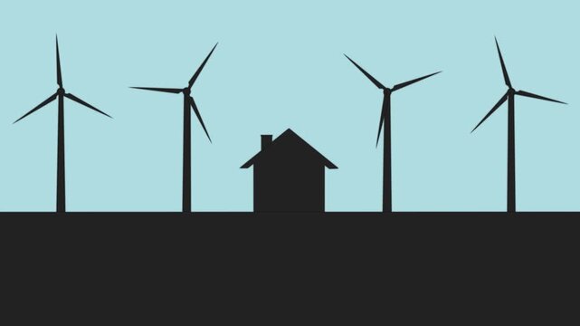 Sustainable wind energy animation, eco windmill power farm motion graphics for clean energy and climate protection.