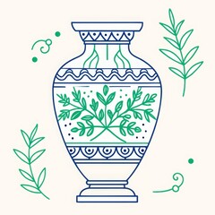 Ornamental vase with blue pattern and botanical accents