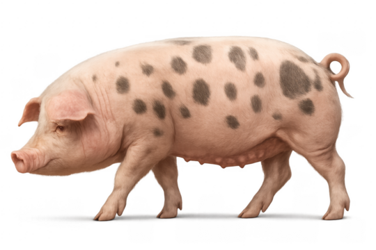 Domestic pig walking, spotted swine with transparent background