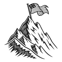 Black and white illustration of a mountain peak with an American flag