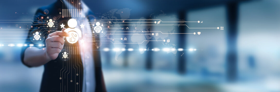 Businessman hand hold customer satisfaction, feedback systems, service quality, loyalty programs, user experience, NPS score, client trust, after-sales service, engagement metrics, brand value.