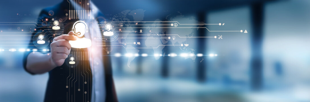 Businessman hand hold customer support, service desk, help center, IT assistance, complaint resolution, live agents, support automation, multi-channel service, problem solving, client success. - Powered by Adobe