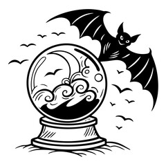 Black bat hovering over crystal ball with swirling clouds