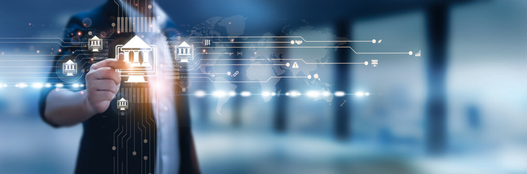 Businessman hand hold e-governance, digital services, online portals, transparency systems, e-administration, compliance monitoring, citizen engagement, data security, smart governance