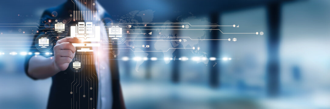 Businessman hand hold e-learning, virtual classrooms, online courses, learning platforms, digital content, student engagement, video lectures, gamification, remote education