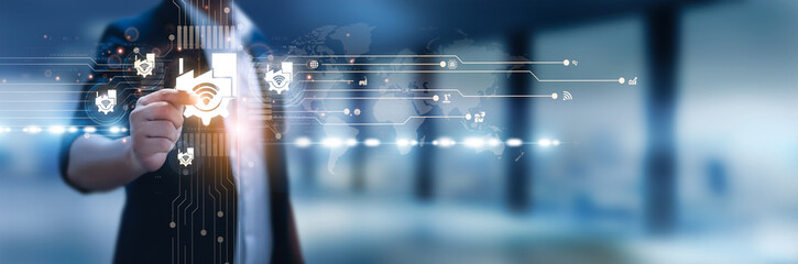 Businessman hand hold Industry 4.0, smart factories, automation, digital transformation, IoT devices, AI integration, robotics, predictive maintenance, cyber-physical systems, data analytics