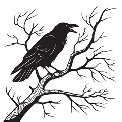 Black crow perched on bare tree branch silhouette raven 1