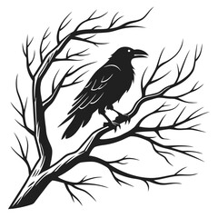 Black crow perched on bare tree branches silhouette