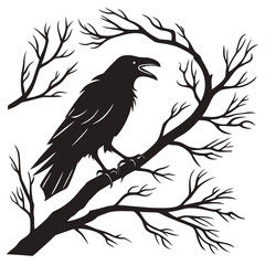 Black crow silhouette perched on bare tree branches