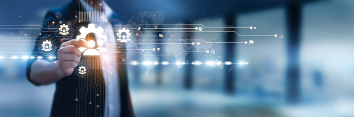 Businessman hand hold management, strategic planning, project oversight, leadership development,...