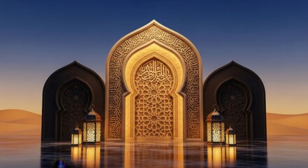 Majestic golden gate with arabic calligraphy and lanterns in desert landscape