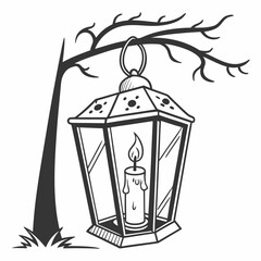 Black outline spooky lantern with candle hanging from tree branch