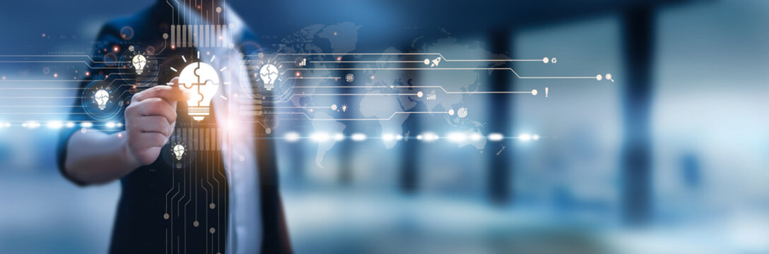 Businessman hand hold business solutions, enterprise strategy, problem-solving methods, innovative technology, digital transformation, tailored applications, strategic consulting