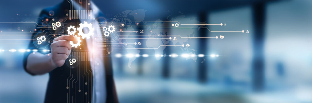 Businessman hand hold settings, system configuration, customization tools, digital environment, software preferences, business applications, access control, user management, operational adjustments