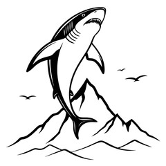 Black shark leaping over mountain peaks graphic outline