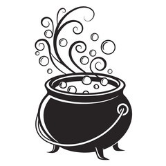 Black silhouette of a cauldron with bubbling potion and swirls 2