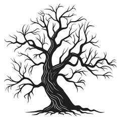 Black silhouette of a gnarled ancient tree with crooked branches