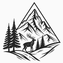 Black silhouette of a deer in a mountain landscape