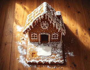 Gingerbread house on wooden background