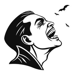 Black silhouette of a screaming vampire with bats black and white
