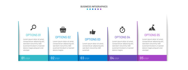 Progress bar featuring 5 arrow-shaped elements, symbolizing the five stages of business strategy and progression. Clean timeline infographic design template. Vector for mobile presentation.