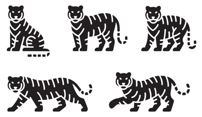 Obraz premium Collection of tiger poses – wildlife vector silhouettes representing strength, jungle life, and nature conservation themes