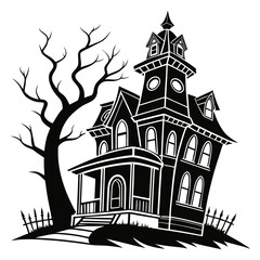 Black spooky haunted mansion with bare tree and fence