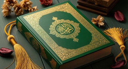 Closeup of the holy quran with golden decorations on a dark green cover