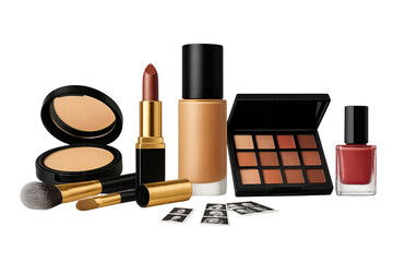 A vibrant makeup set featuring a blush, lipstick, and various brushes for glamour and fashion