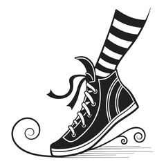 Black witch shoe with striped sock and swirls curled toe