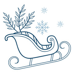 Blue sleigh with branches and snowflakes winter