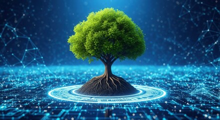 Digital tree with glowing roots on a blue futuristic background