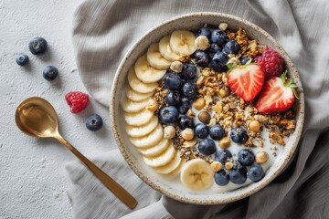 Delicious yogurt bowl with fresh fruits and granola on a textured surface