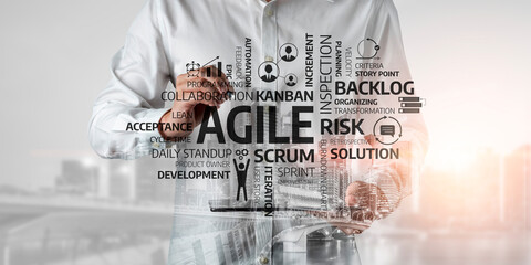 An insightful visualization of agile methodology featuring keywords and terms significant to project management and development, showcasing teamwork and efficiency. Tessel