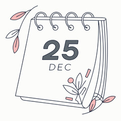Calendar page with 25 December date and festive foliage