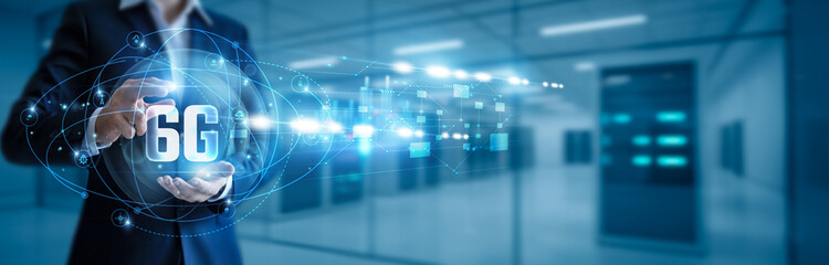 Businessman hand hold 6G network, futuristic wireless, quantum communication, edge intelligence,...