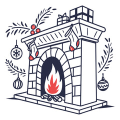 Christmas fireplace with burning fire and ornaments