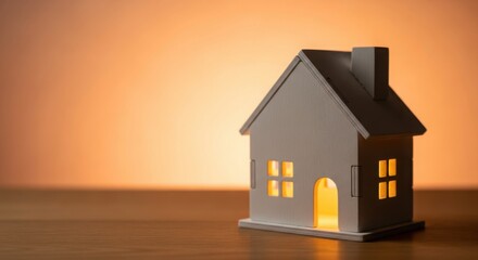 A miniature house with a light inside sits on a wooden surface indoors